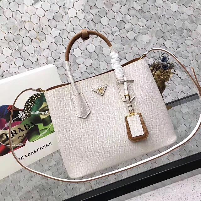 Prada medium saffiano lux tote original leather bag bn2755 white&tan