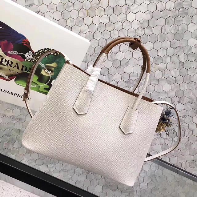 Prada medium saffiano lux tote original leather bag bn2755 white&tan