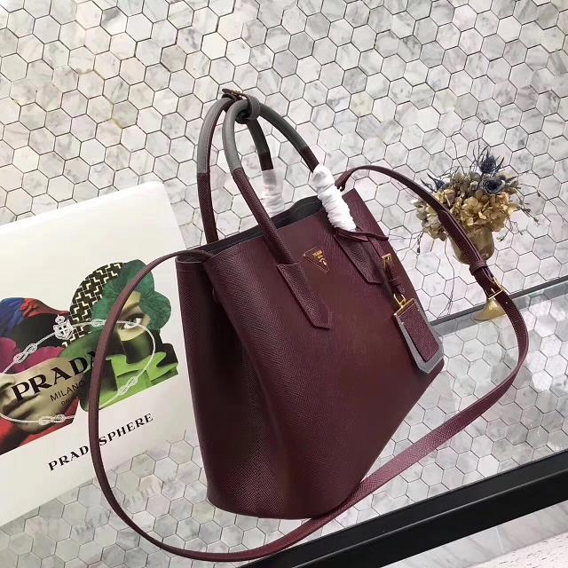 Prada saffiano lux tote original leather bag bn2756 burgundy&gray