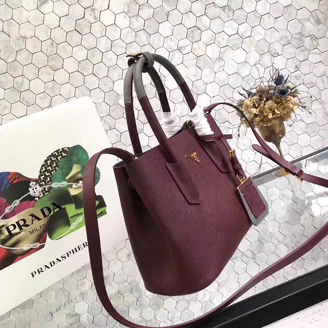 Prada small saffiano lux tote original leather bag bn2754 burgundy&gray