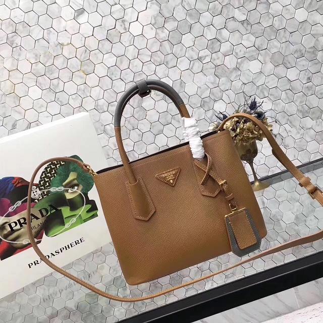 Prada small saffiano lux tote original leather bag bn2754 tan&gray