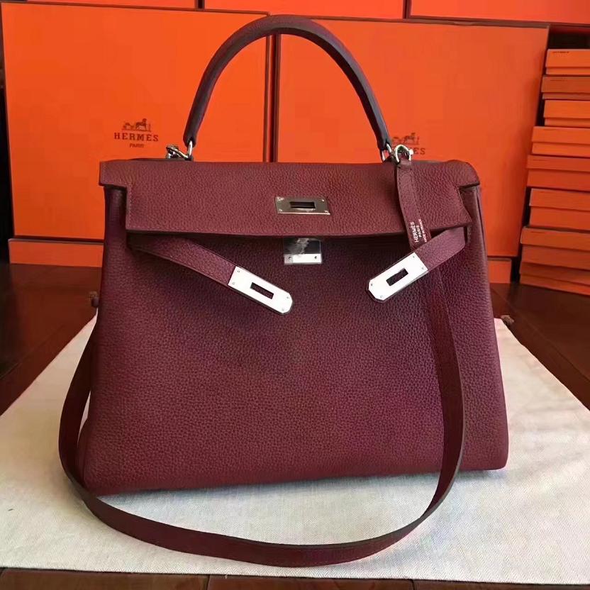 Hermes original togo leather kelly 32 bag K32 burgundy