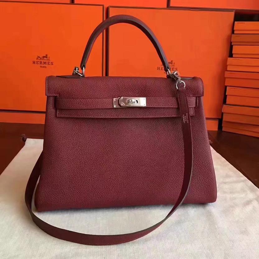 Hermes original togo leather kelly 32 bag K32 burgundy