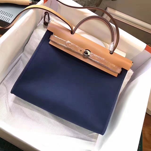 Hermes original canvas&calfskin leather small her bag H031 coffee&deep blue