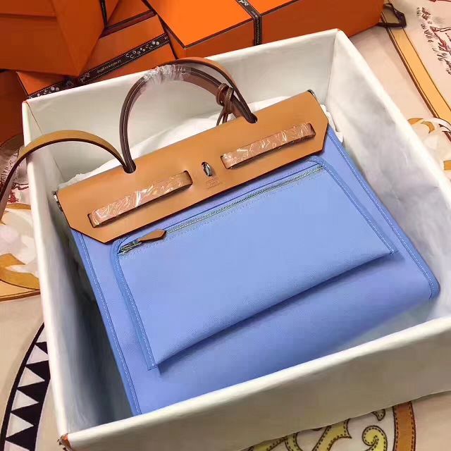 Hermes original canvas&calfskin leather small her bag H031 coffee&light blue