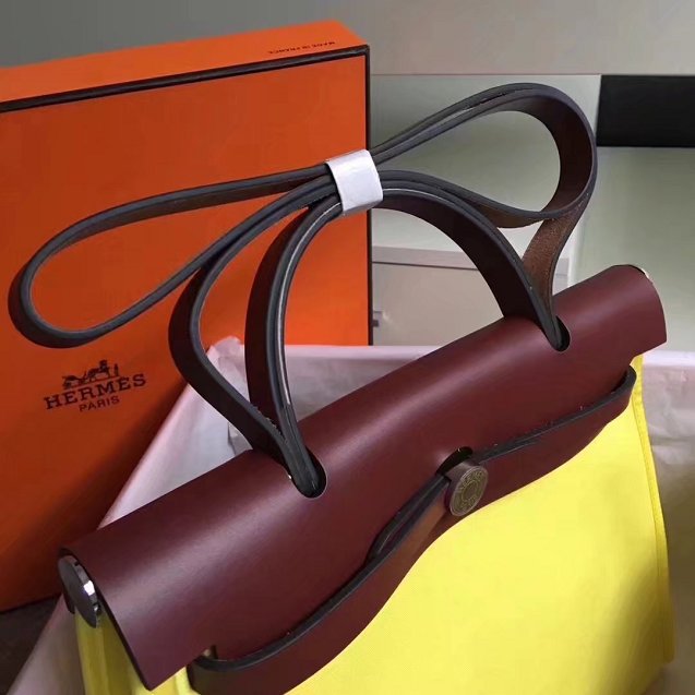 Hermes original canvas&calfskin leather large her bag H039 bordeaux&yellow