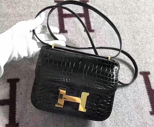 Top hermes 100% genuine crocodile leather constance bag C0023 black