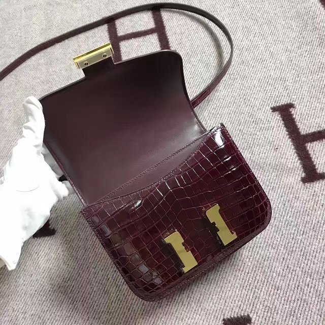 Hermes 100% genuine crocodile leather constance bag C0023 burgundy