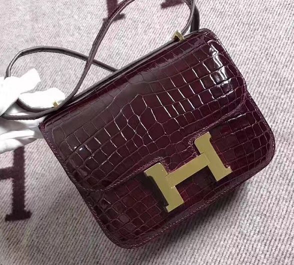 Hermes 100% genuine crocodile leather constance bag C0023 burgundy