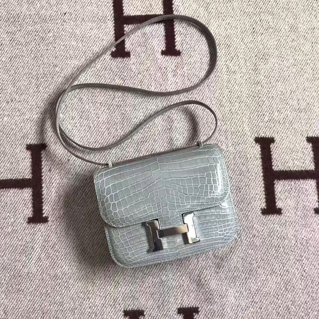 Top hermes 100% genuine crocodile leather constance bag C0023 ice blue