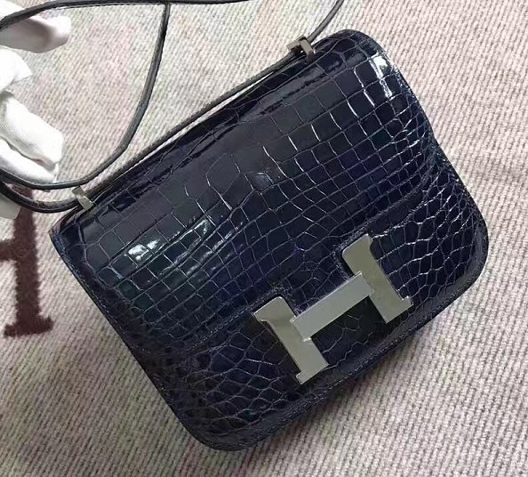 Top hermes 100% genuine crocodile leather constance bag C0023 navy blue