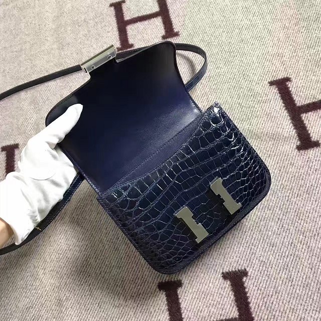 Top hermes 100% genuine crocodile leather constance bag C0023 navy blue