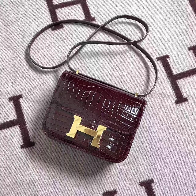 Top hermes 100% genuine crocodile leather small constance bag C0019 burgundy