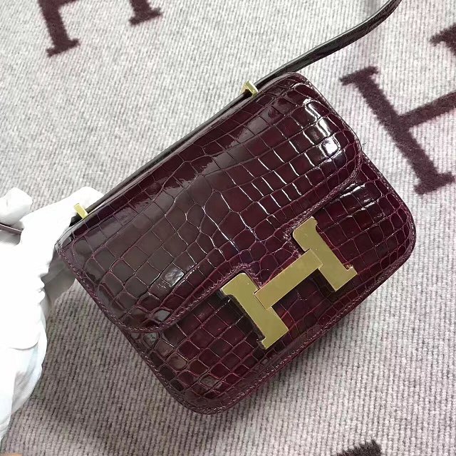 Top hermes 100% genuine crocodile leather small constance bag C0019 burgundy