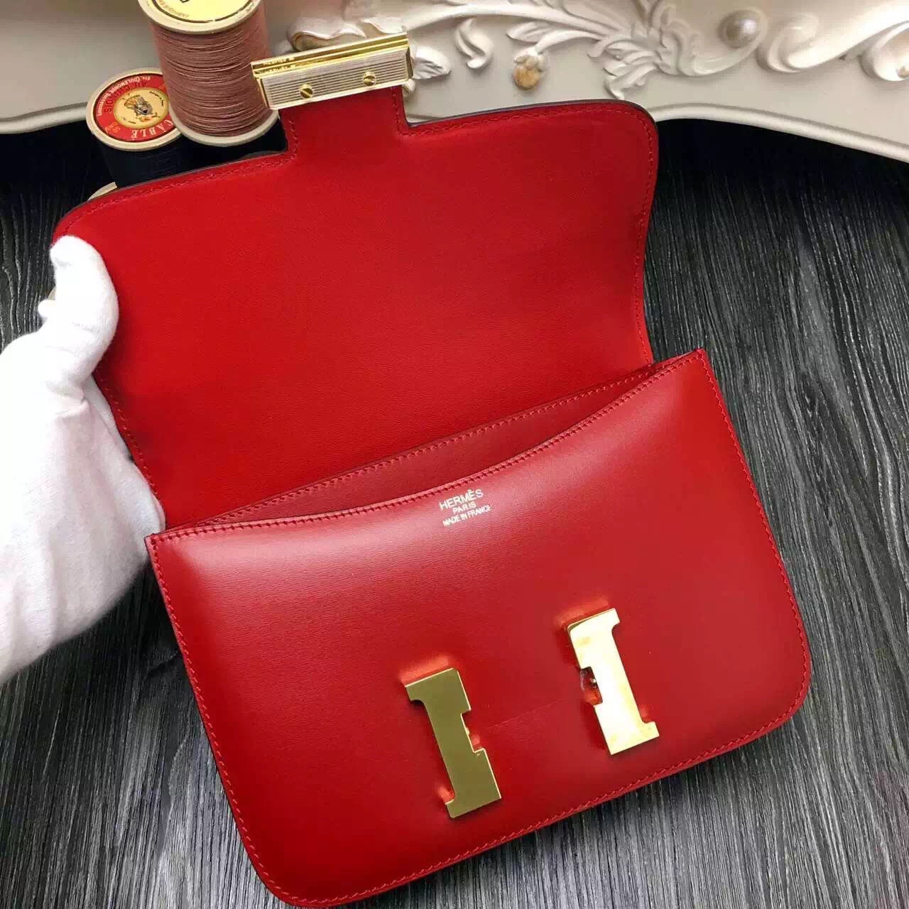 Hermes original box leather constance bag C023 red