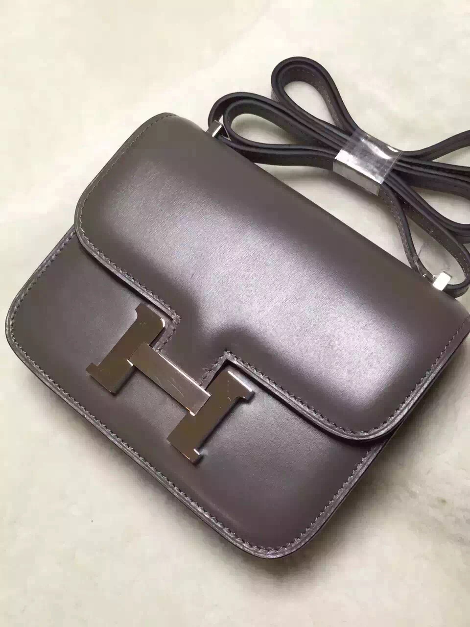 Hermes original box leather small constance bag C019 gray