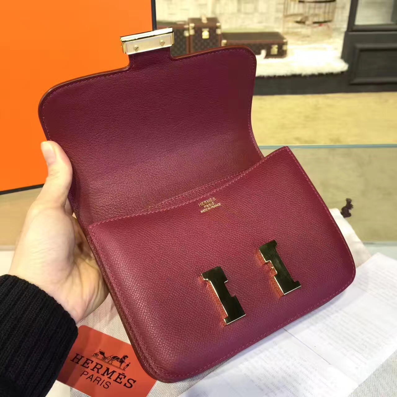 Hermes original epsom leather constance bag C23 burgundy