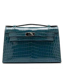 Top hermes genuine 100% crocodile leather handmade mini kelly clutch K220 lake blue