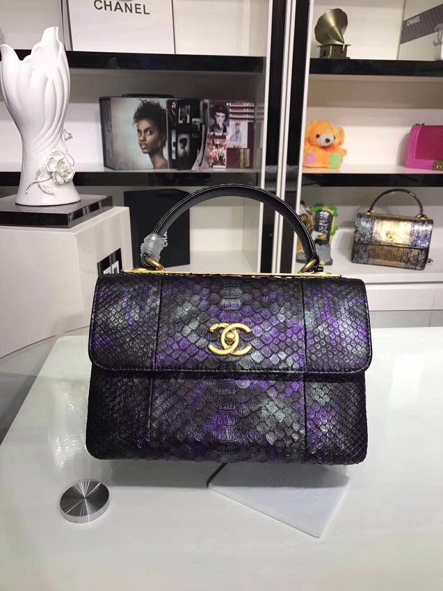 2018 CC original snakeskin top handle flap bag A92236 black&purple