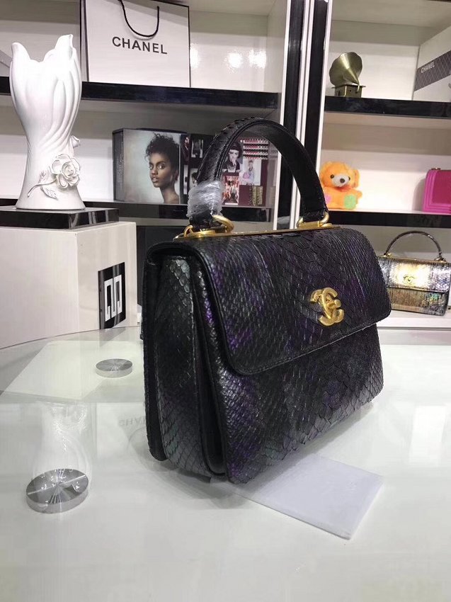 2018 CC original snakeskin top handle flap bag A92236 black&purple