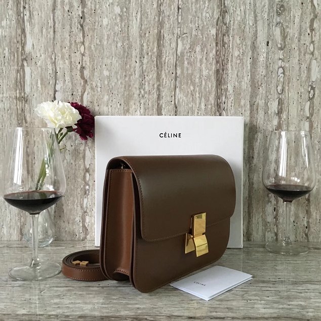 Celine original box calfskin large classic bag 11045 dark coffee