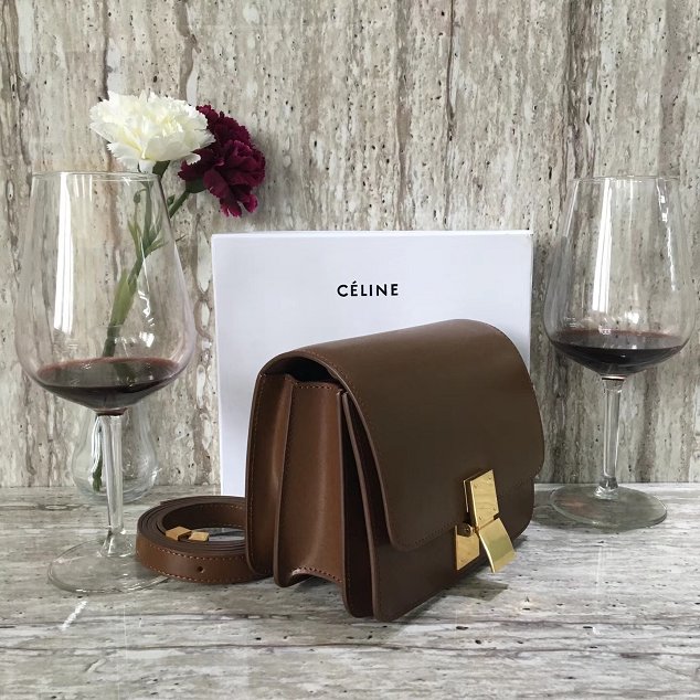 Celine original box calfskin small classic bag 11041 dark coffee