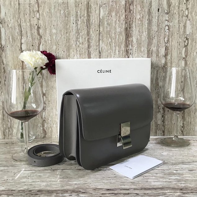 Celine original liege calfskin large classic box bag 11045-1 dark grey