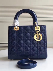 Dior original patent calfskin lady dior bag 44551 navy blue