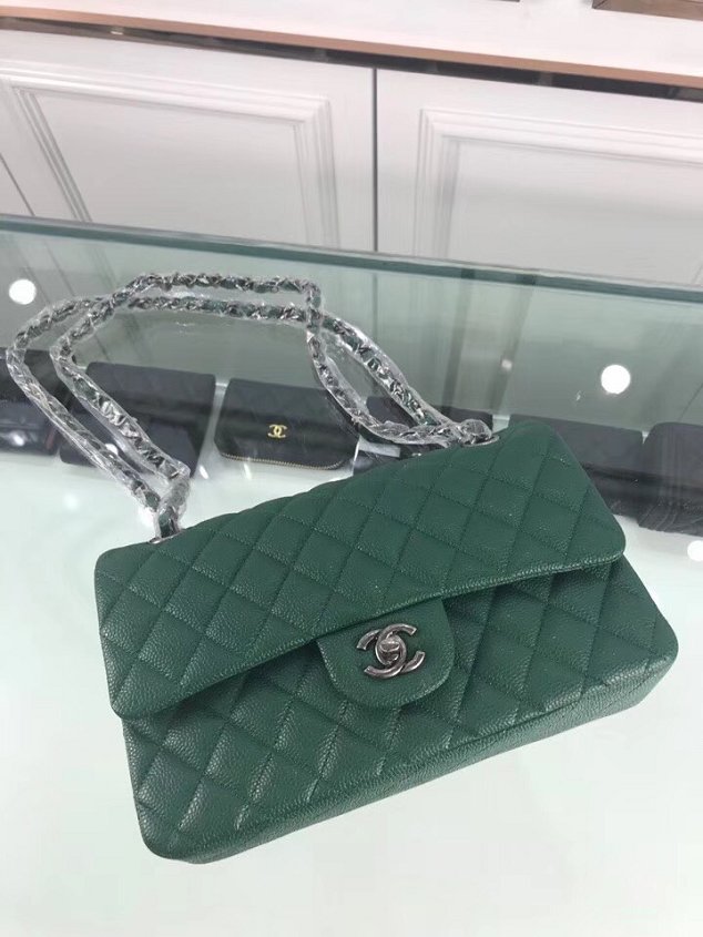 CC original grained calfskin double flap bag A01112 green