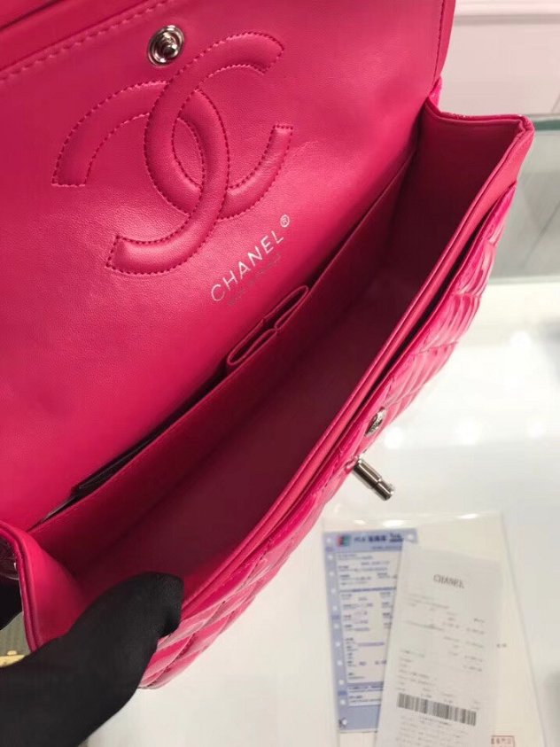 CC original patent calfskin medium flap bag A69901 rose red