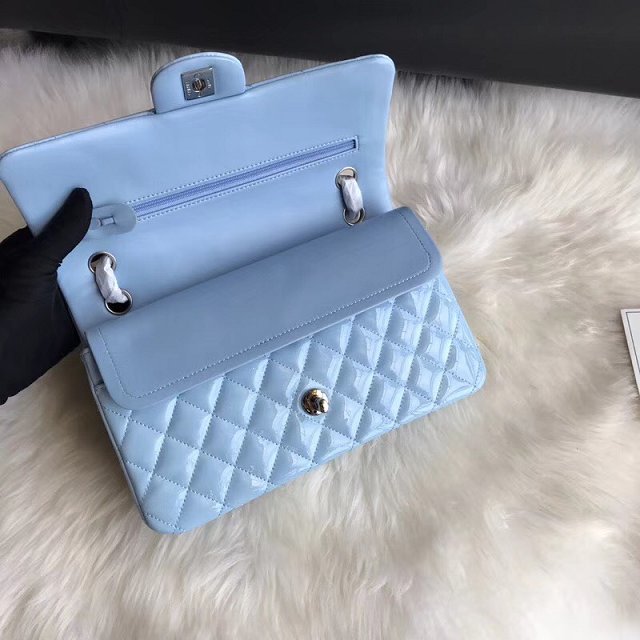 CC original patent calfskin medium flap bag A69901 sky blue