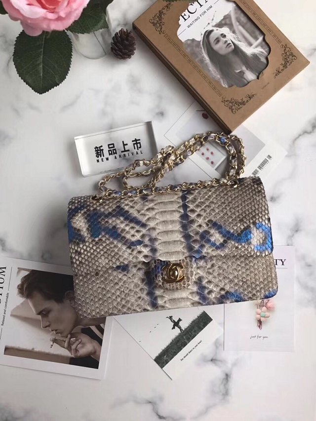 CC original python leather flap bag A01112 gray&blue