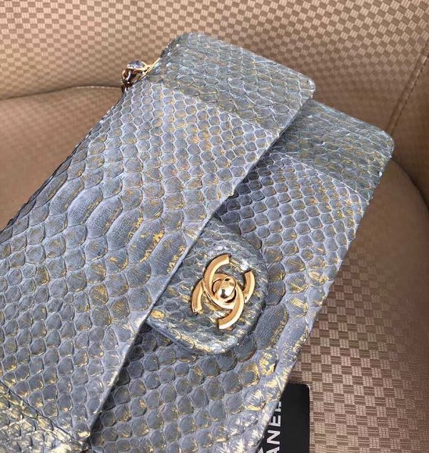 CC original python leather flap bag A01112 grey&gold