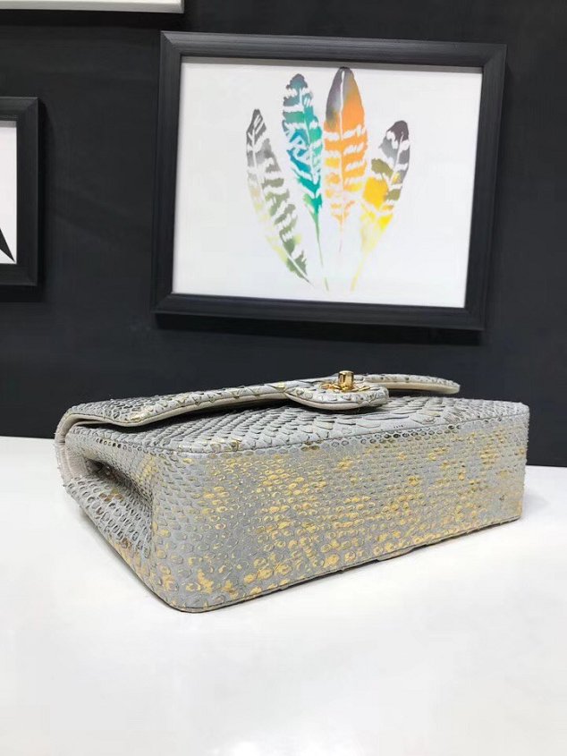 CC original python leather flap bag A01112 light grey&gold