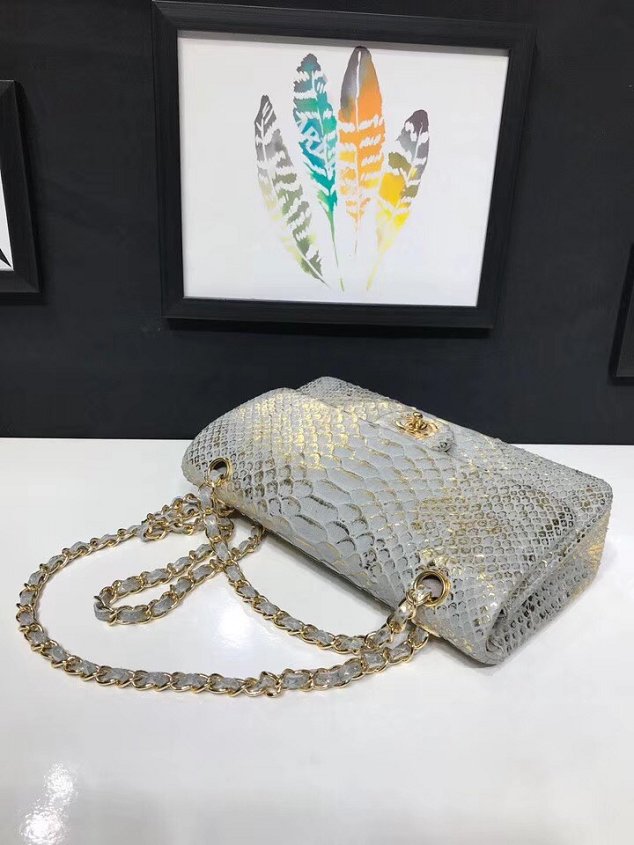 CC original python leather flap bag A01112 light grey&gold