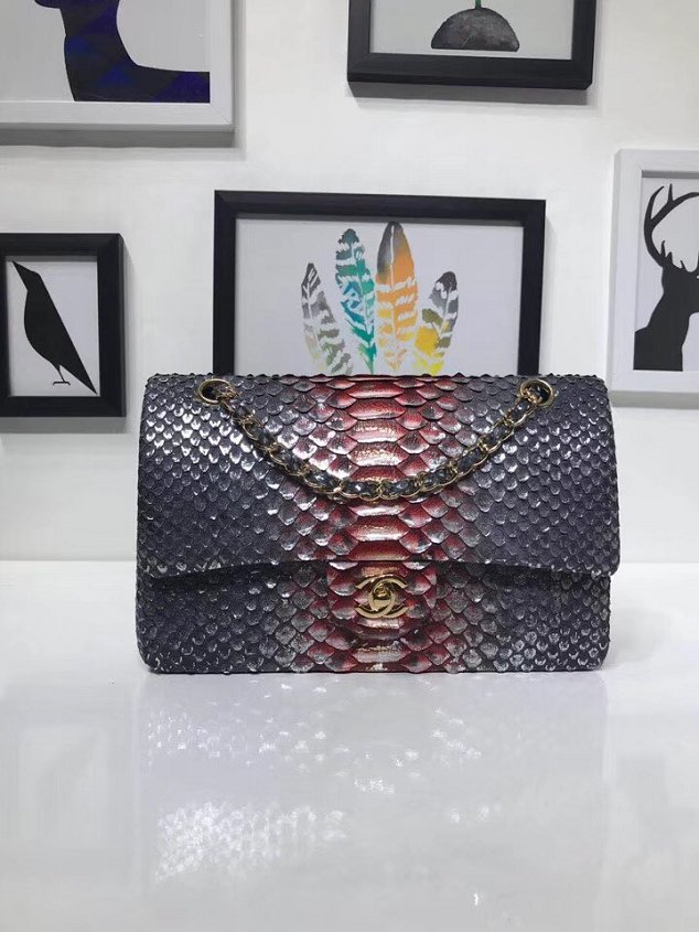 CC original python leather flap bag A01112 silver&red