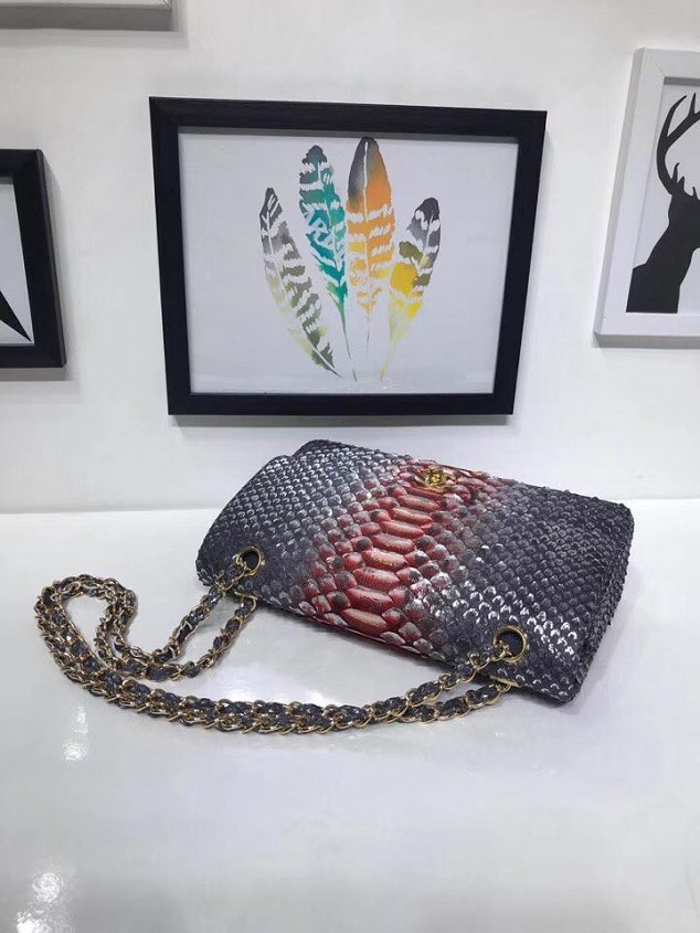 CC original python leather flap bag A01112 silver&red