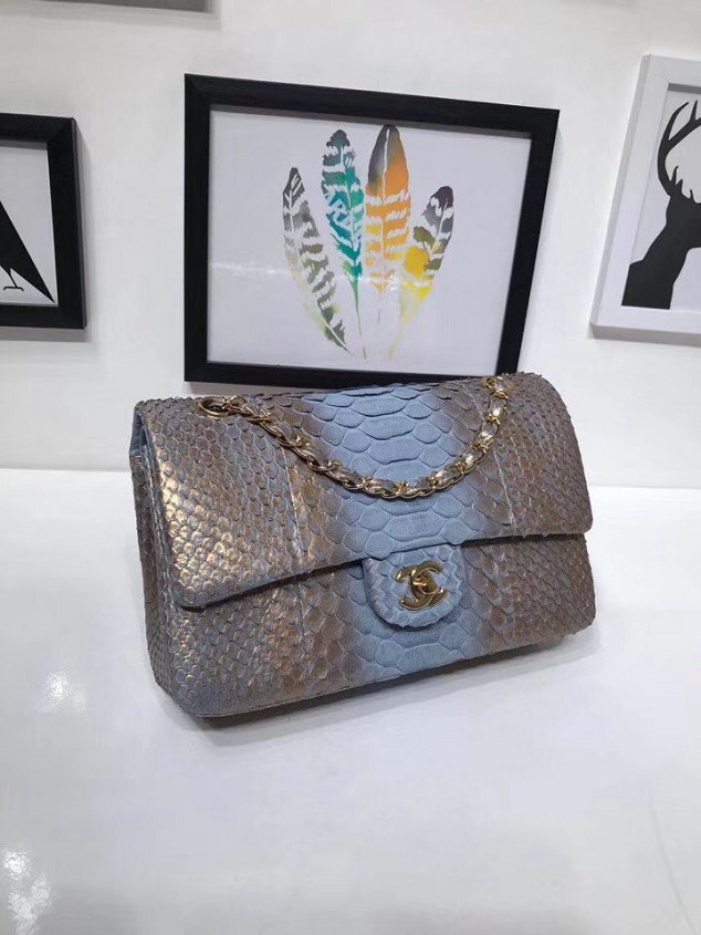 CC original python leather flap bag A01112 blue&gold