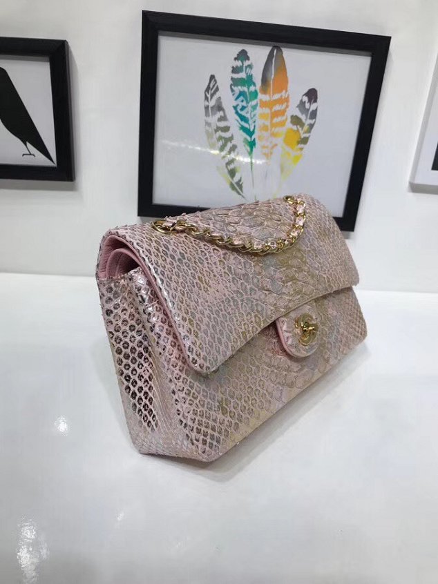 CC original python leather flap bag A01112 light gold