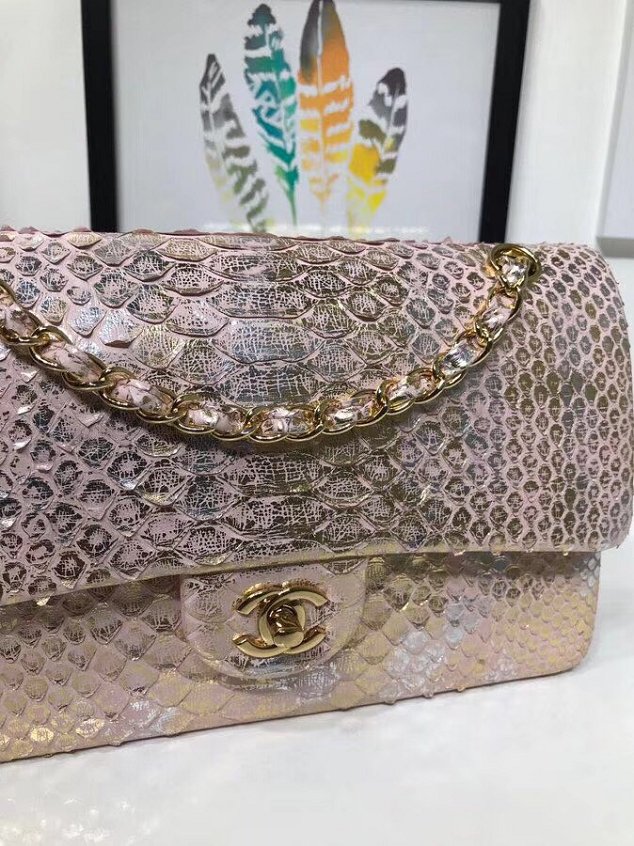 CC original python leather flap bag A01112 light gold