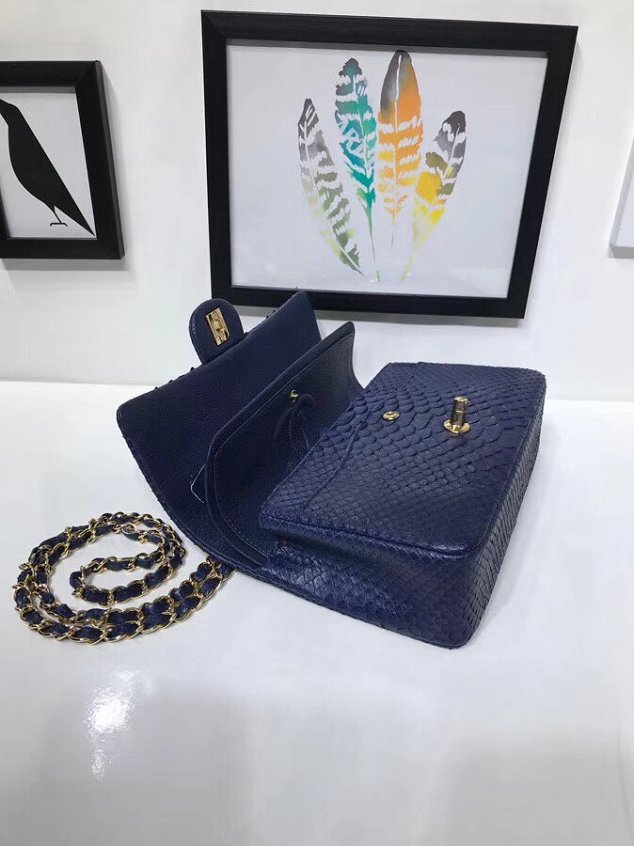 CC original python leather flap bag A01112 navy blue