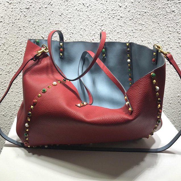 Valentino Garavani Rockstud calfskin shopper bag 0579 red&blue