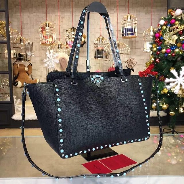 Valentino original calfskin blue-rockstud large tote bag 0970 black