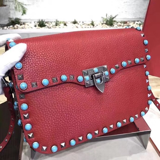 Valentino original grained calfskin rockstud shoulder bag 0125 red 