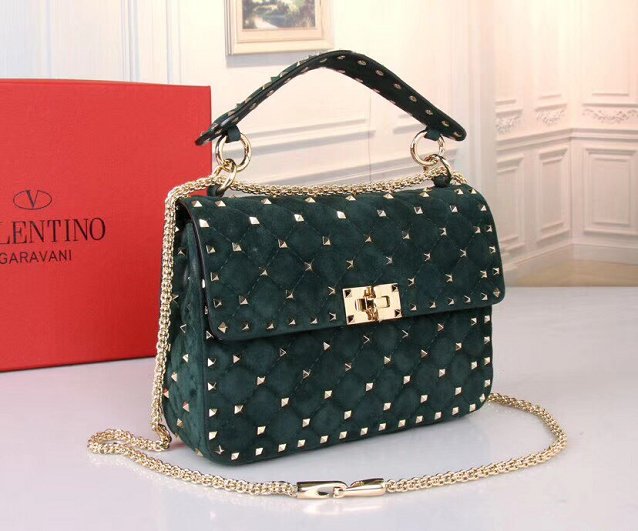 Valentino original suede rockstud medium chain bag 0122 blackish green