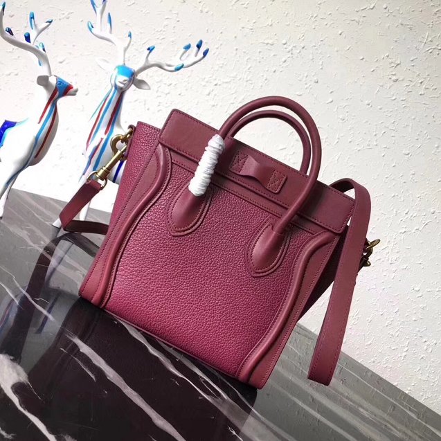 Celine original grained&smooth calfskin nano luggage bag 189243 burgundy