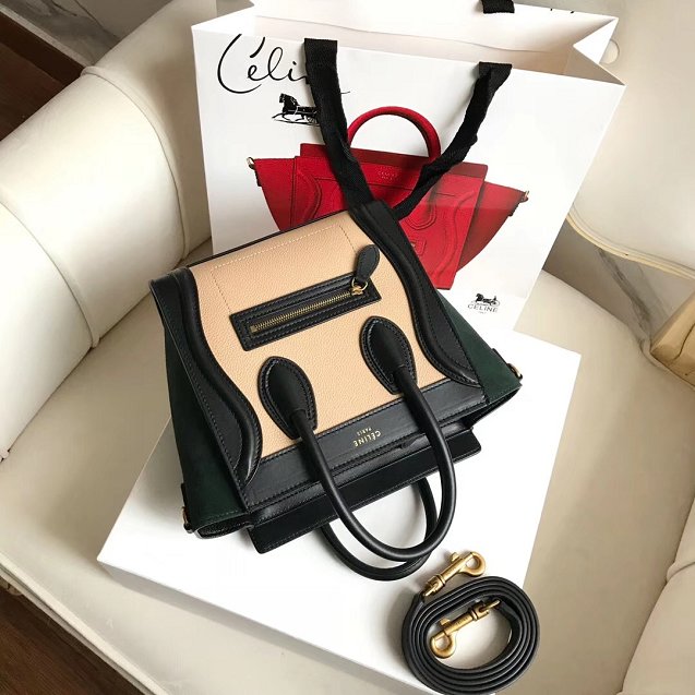 Celine original calfskin nano luggage bag 189243 apricot&black&green