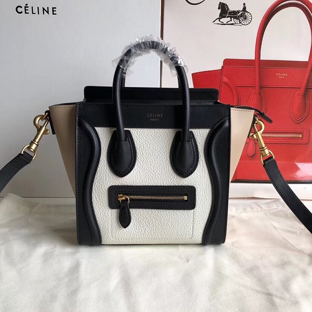 Celine original calfskin nano luggage bag 189243 white&black&apricot