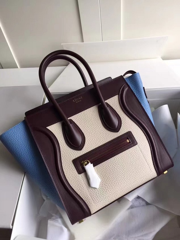 Celine original calfskin micro luggage handbag 189793 beige&blue&bordeaux