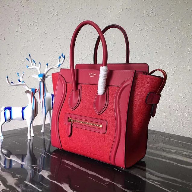 Celine original smooth&grained calfskin micro luggage handbag 189793 red